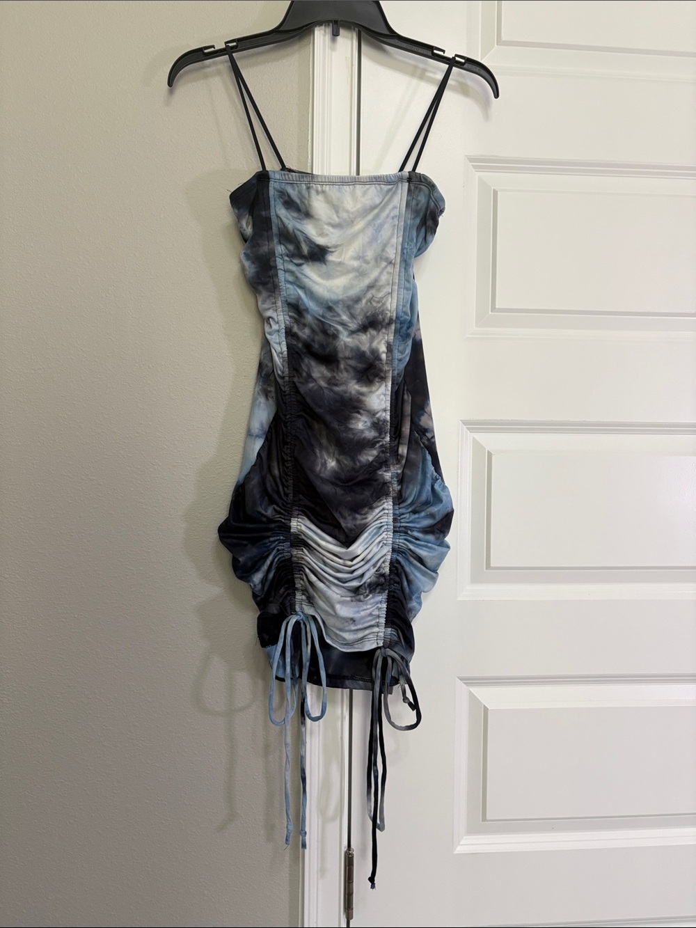 Fashion Nova Blue & Black Tie-Dye Ruched Spaghetti Strap Mini Dress